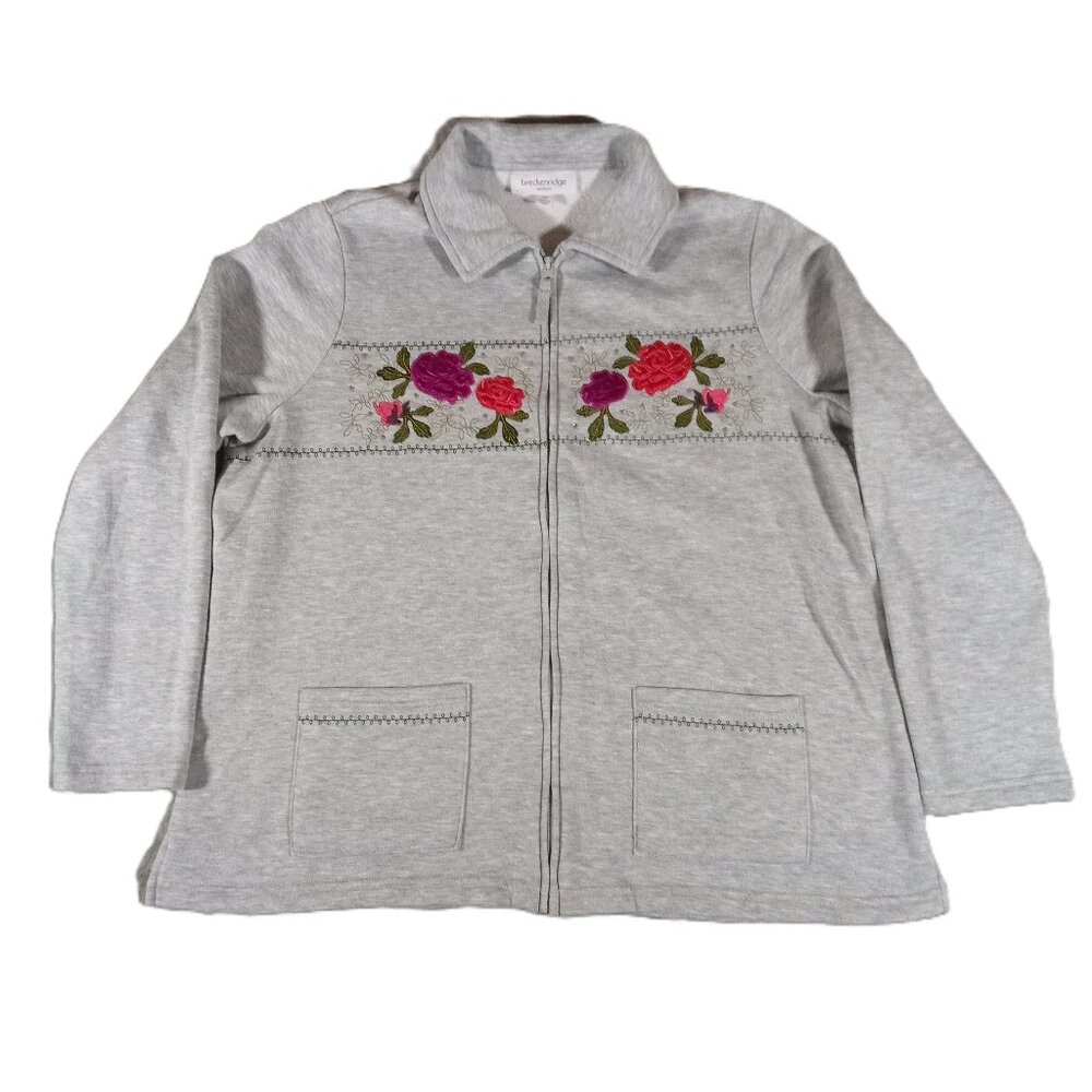 Breckinridge Sweatshirt Jacket Women Plus 1x Floral Embroidered Full Zip Gray